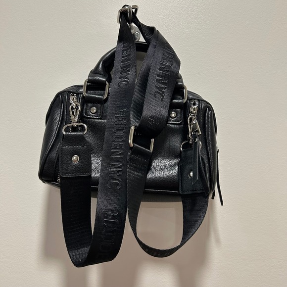 Madden NYC Black Mini Satchel Bag Top Handle Crossbody Silver Hardware - Picture 3 of 6